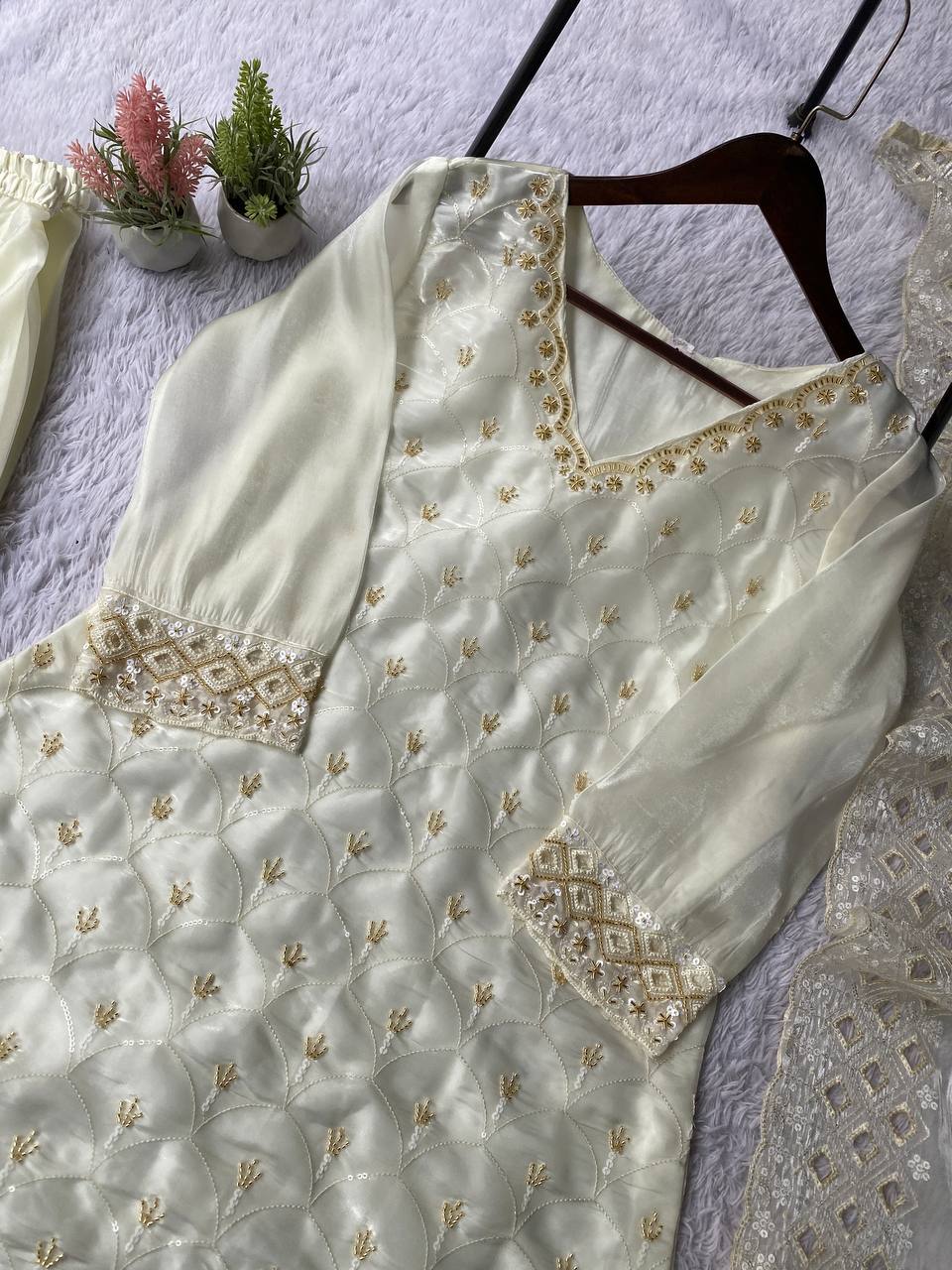 Yashira White Fendy Kurta Palazzo set with Beads & Sequins Embroidery