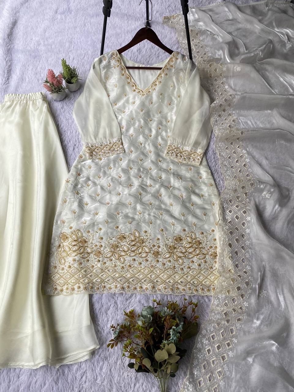 Yashira White Fendy Kurta Palazzo set with Beads & Sequins Embroidery
