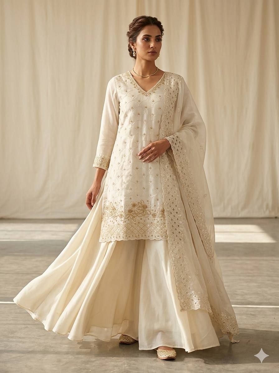 Yashira White Fendy Kurta Palazzo set with Beads & Sequins Embroidery