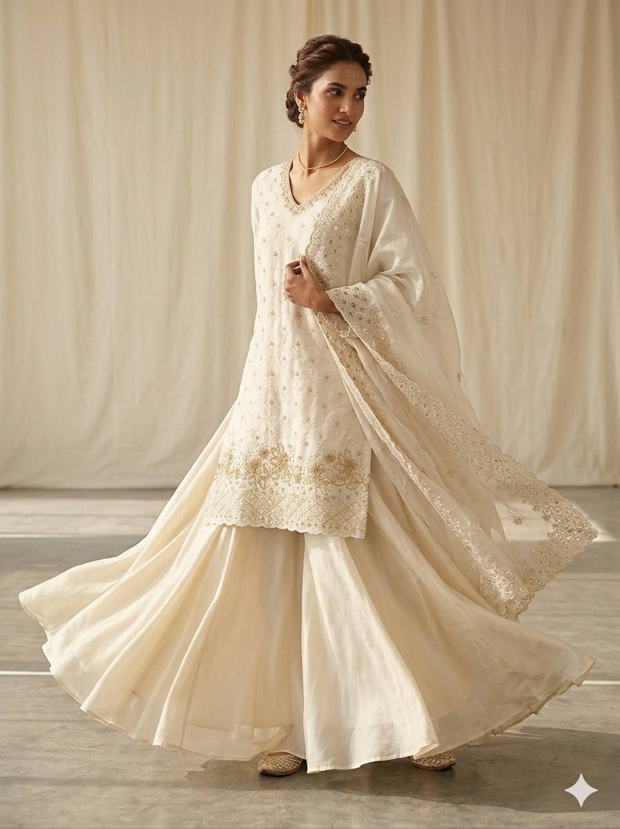 Yashira White Fendy Kurta Palazzo set with Beads & Sequins Embroidery