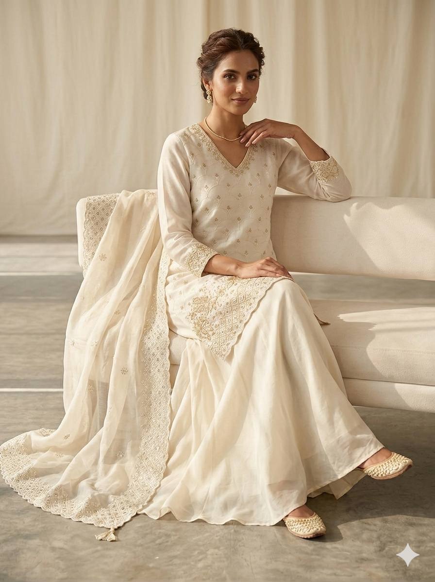 Yashira White Fendy Kurta Palazzo set with Beads & Sequins Embroidery