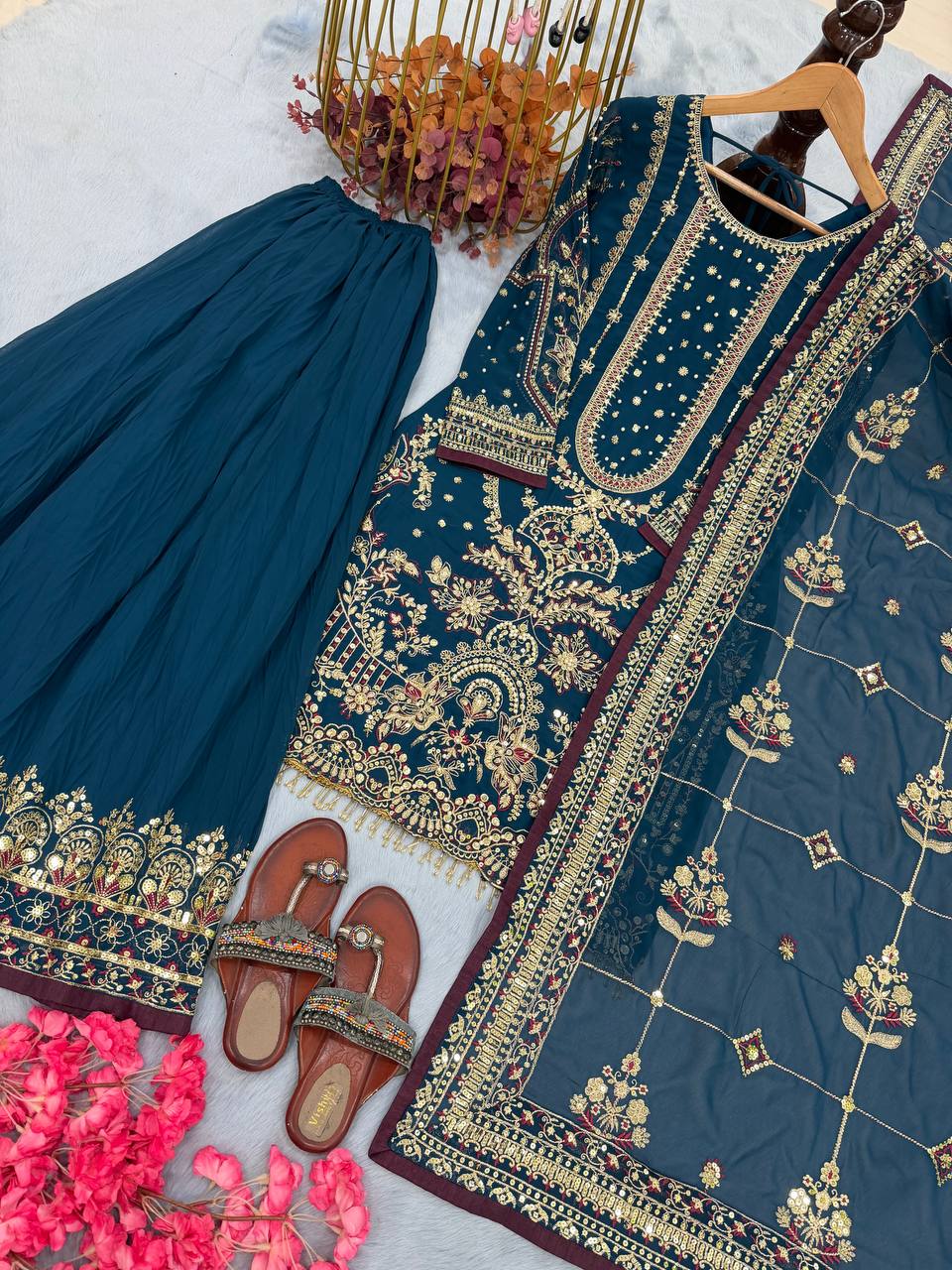 Kashvi Georgette Embroidered & Moti Work Kurti Plazzo Set with Lace Border Dupatta