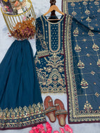 Kashvi Georgette Embroidered & Moti Work Kurti Plazzo Set with Lace Border Dupatta