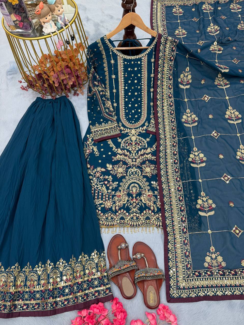 Kashvi Georgette Embroidered & Moti Work Kurti Plazzo Set with Lace Border Dupatta