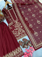 Kashvi Georgette Embroidered & Moti Work Kurti Plazzo Set with Lace Border Dupatta