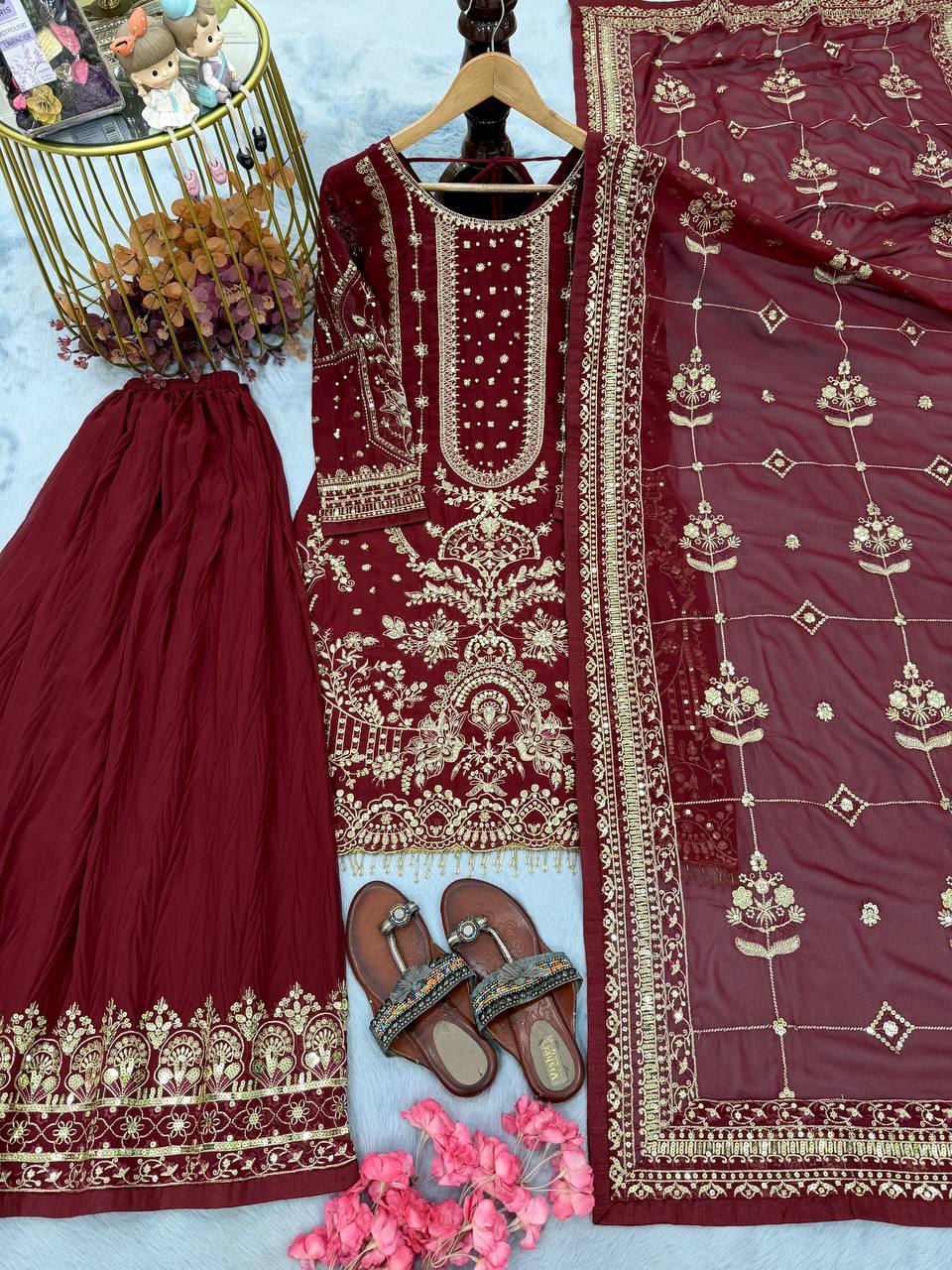 Kashvi Georgette Embroidered & Moti Work Kurti Plazzo Set with Lace Border Dupatta