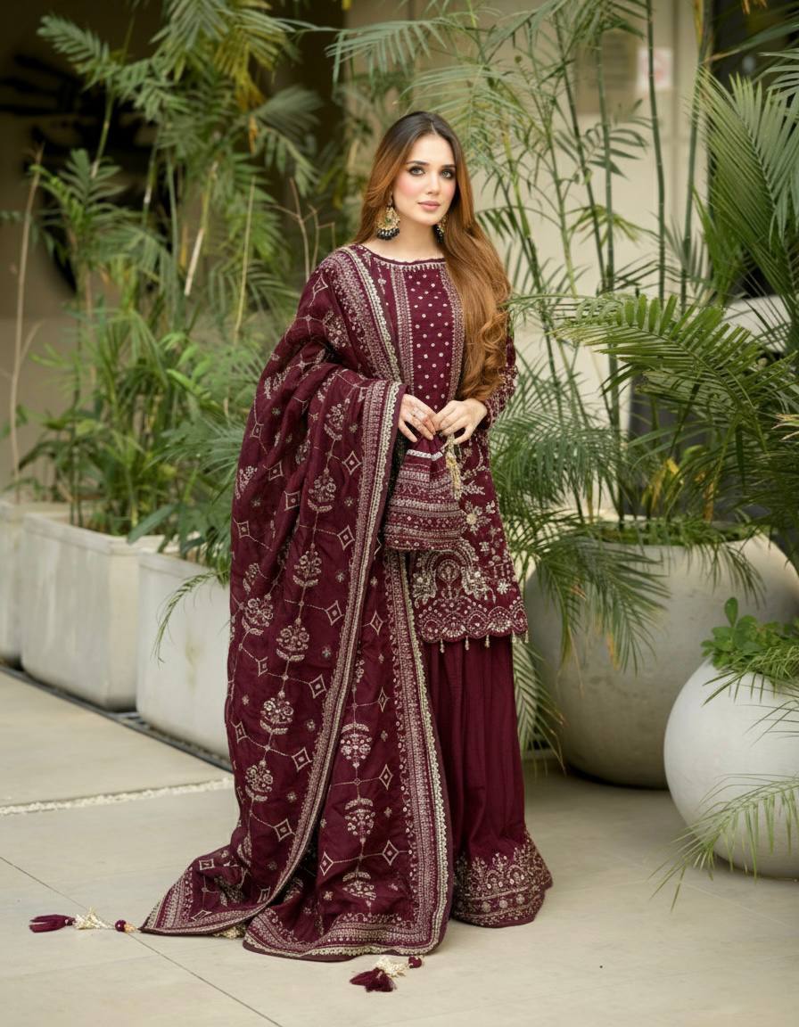 Kashvi Georgette Embroidered & Moti Work Kurti Plazzo Set with Lace Border Dupatta
