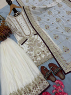 Kashvi Georgette Embroidered & Moti Work Kurti Plazzo Set with Lace Border Dupatta