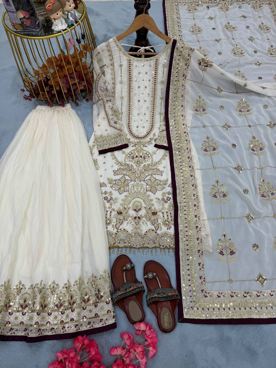 Kashvi Georgette Embroidered & Moti Work Kurti Plazzo Set with Lace Border Dupatta