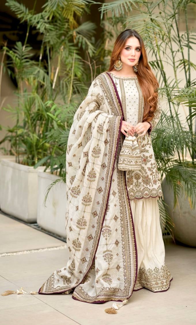 Kashvi Georgette Embroidered & Moti Work Kurti Plazzo Set with Lace Border Dupatta