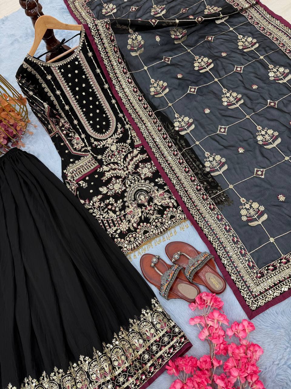Kashvi Georgette Embroidered & Moti Work Kurti Plazzo Set with Lace Border Dupatta