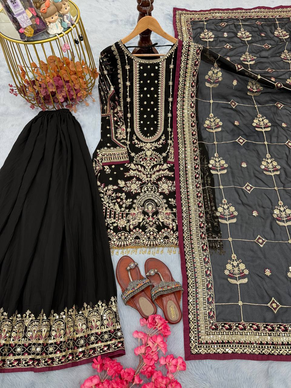 Kashvi Georgette Embroidered & Moti Work Kurti Plazzo Set with Lace Border Dupatta