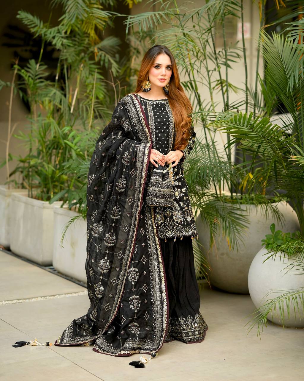 Kashvi Georgette Embroidered & Moti Work Kurti Plazzo Set with Lace Border Dupatta