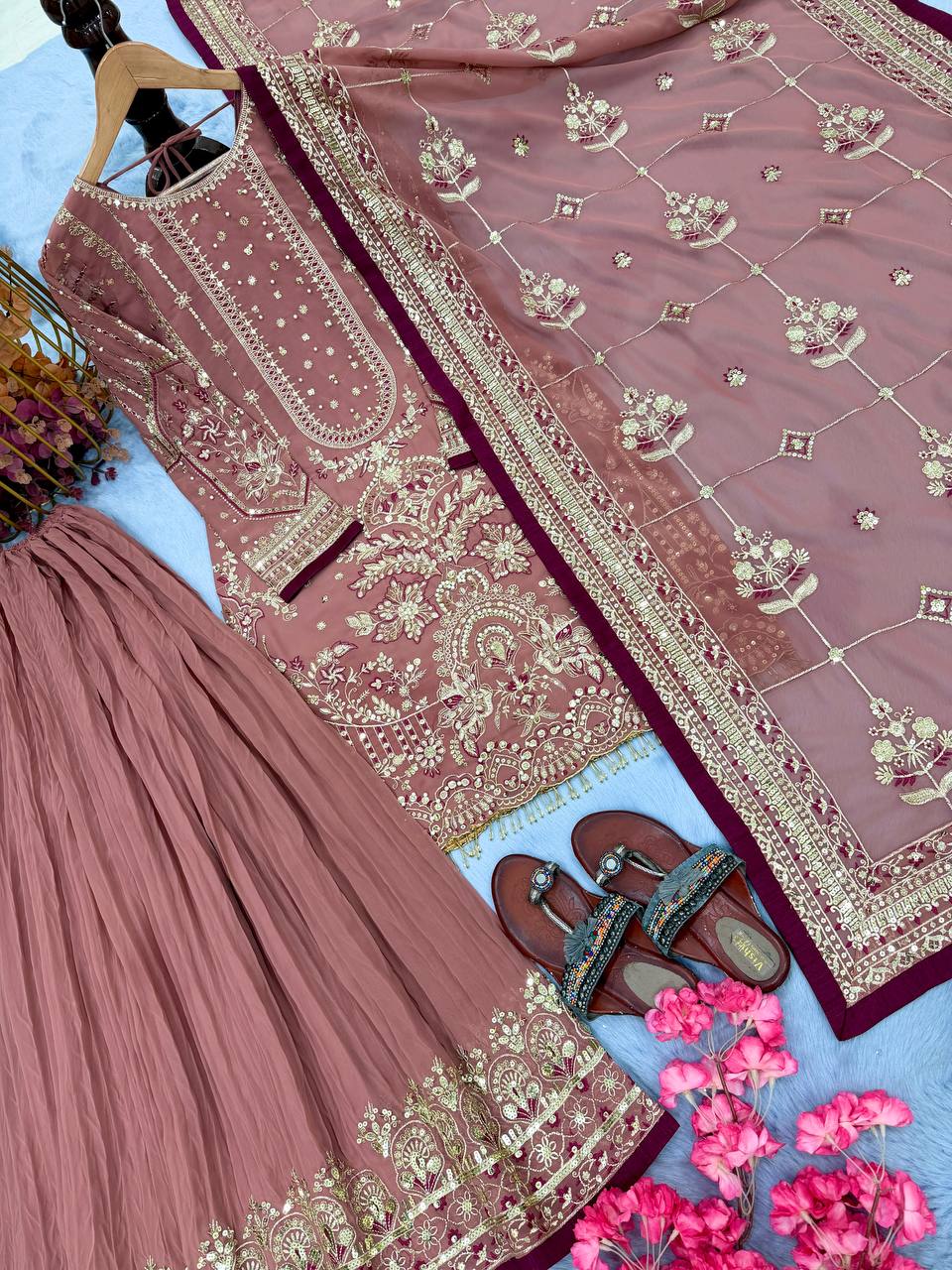 Kashvi Georgette Embroidered & Moti Work Kurti Plazzo Set with Lace Border Dupatta