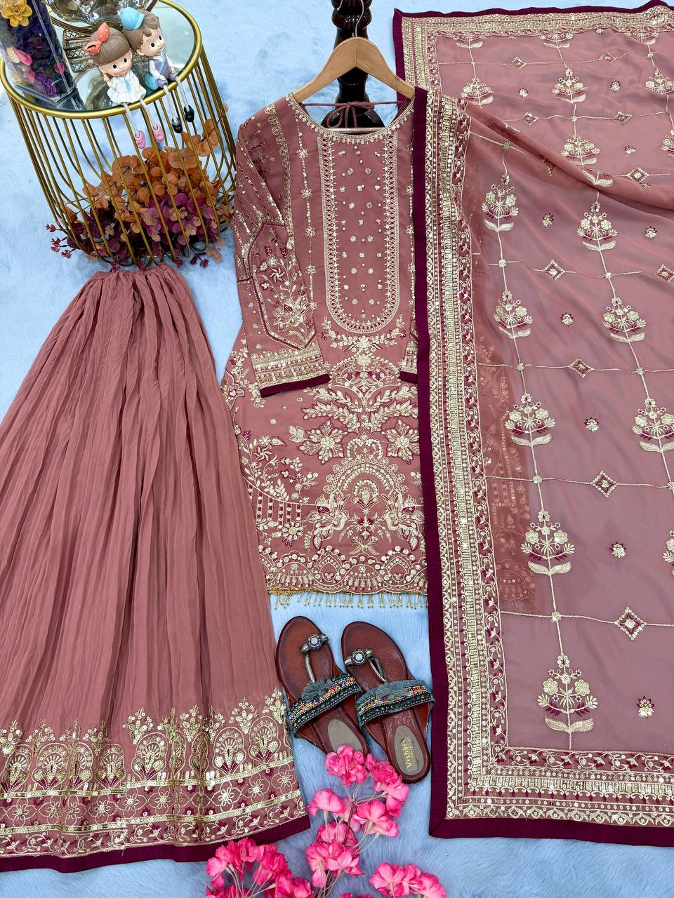 Kashvi Georgette Embroidered & Moti Work Kurti Plazzo Set with Lace Border Dupatta