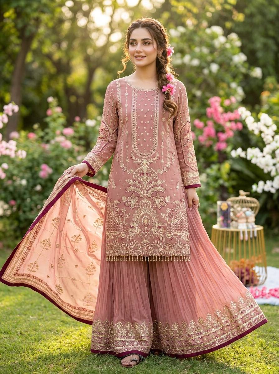 Kashvi Georgette Embroidered & Moti Work Kurti Plazzo Set with Lace Border Dupatta
