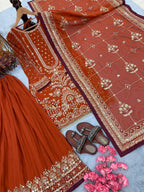 Kashvi Georgette Embroidered & Moti Work Kurti Plazzo Set with Lace Border Dupatta