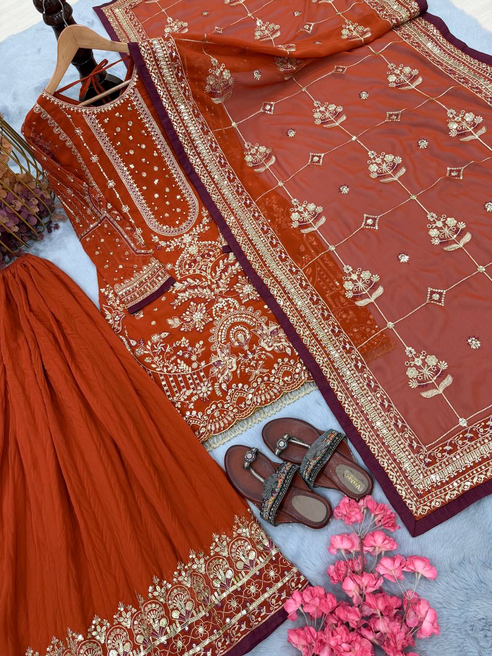 Kashvi Georgette Embroidered & Moti Work Kurti Plazzo Set with Lace Border Dupatta