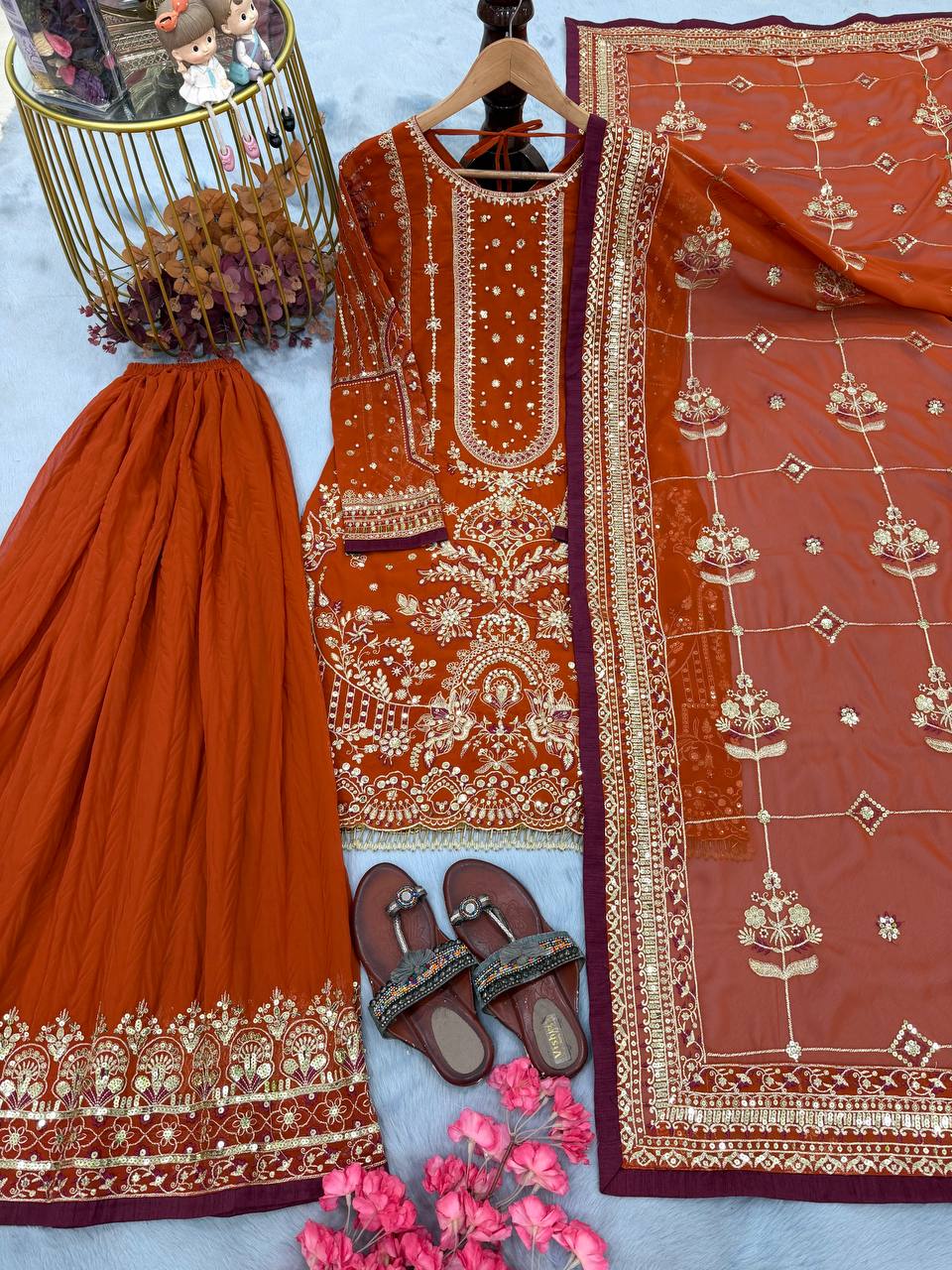Kashvi Georgette Embroidered & Moti Work Kurti Plazzo Set with Lace Border Dupatta