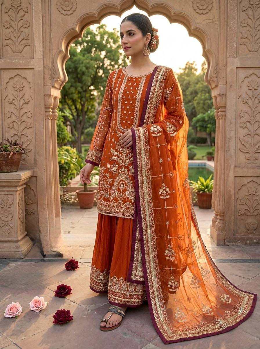 Kashvi Georgette Embroidered & Moti Work Kurti Plazzo Set with Lace Border Dupatta