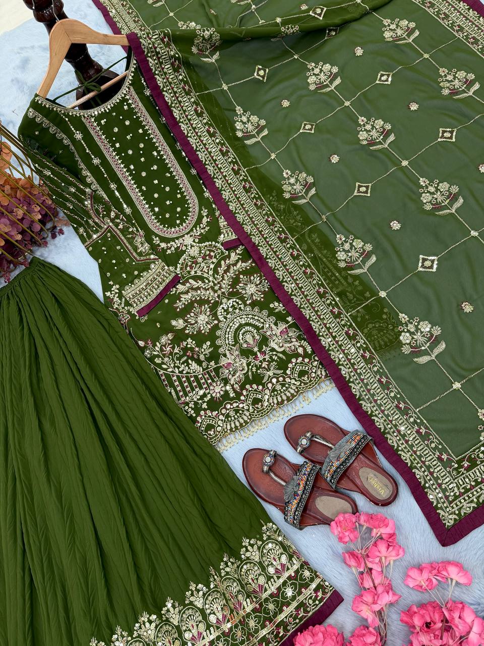Kashvi Georgette Embroidered & Moti Work Kurti Plazzo Set with Lace Border Dupatta
