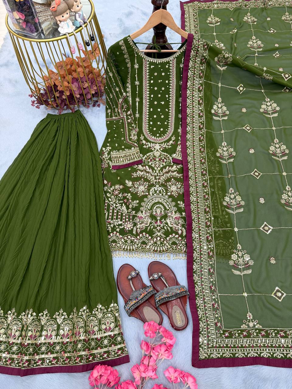 Kashvi Georgette Embroidered & Moti Work Kurti Plazzo Set with Lace Border Dupatta
