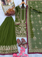 Kashvi Georgette Embroidered & Moti Work Kurti Plazzo Set with Lace Border Dupatta