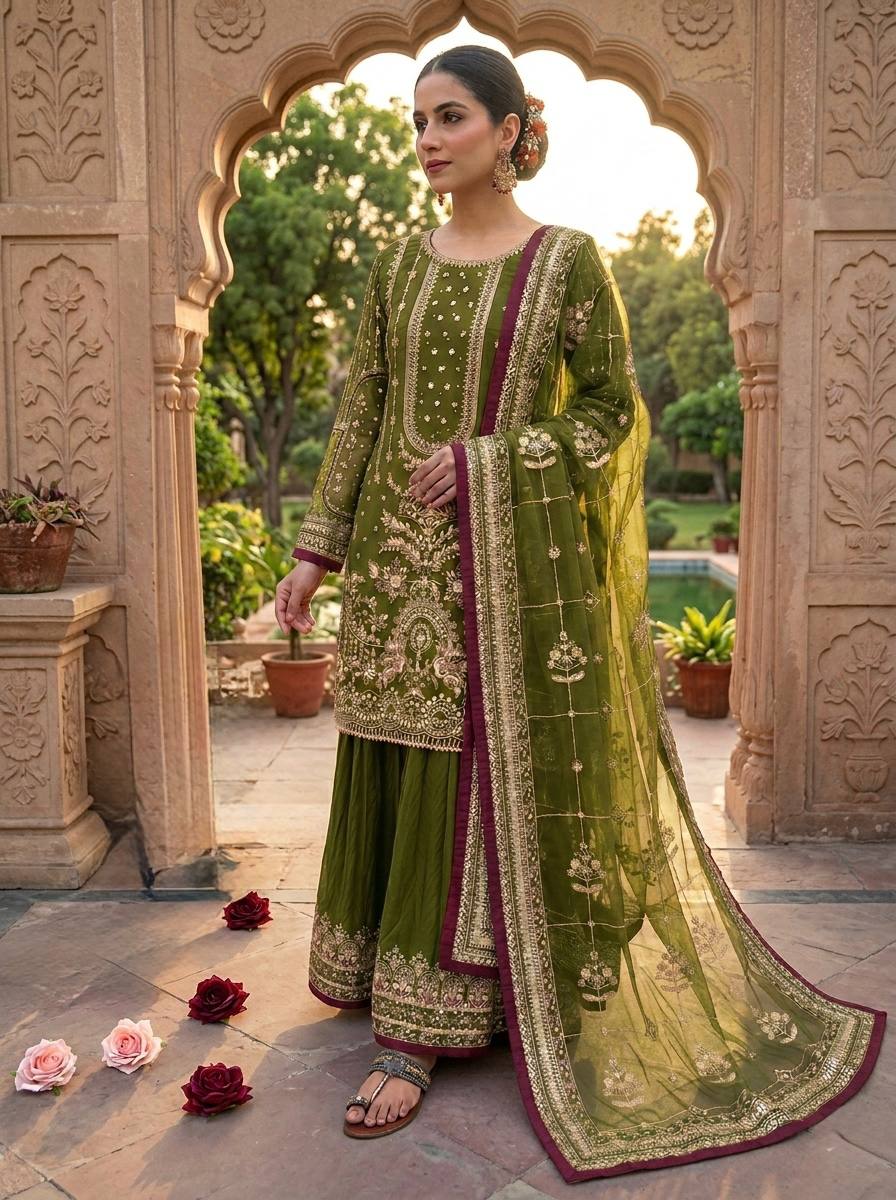 Kashvi Georgette Embroidered & Moti Work Kurti Plazzo Set with Lace Border Dupatta