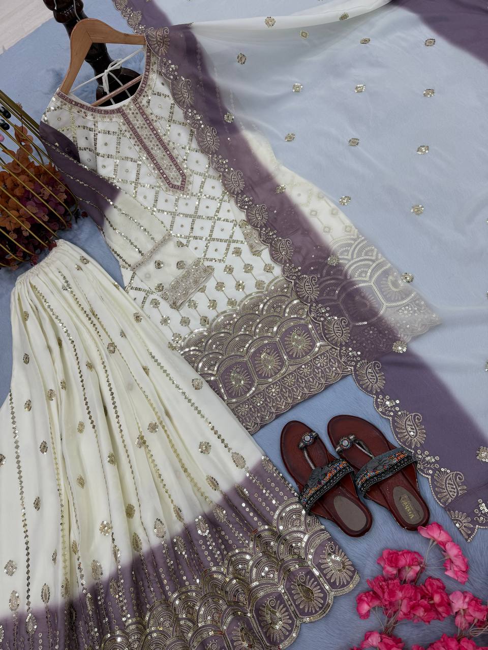 Vihan Dual Tone Georgette Embroidered Kurti Plazzo Set with Cutwork Dupatta