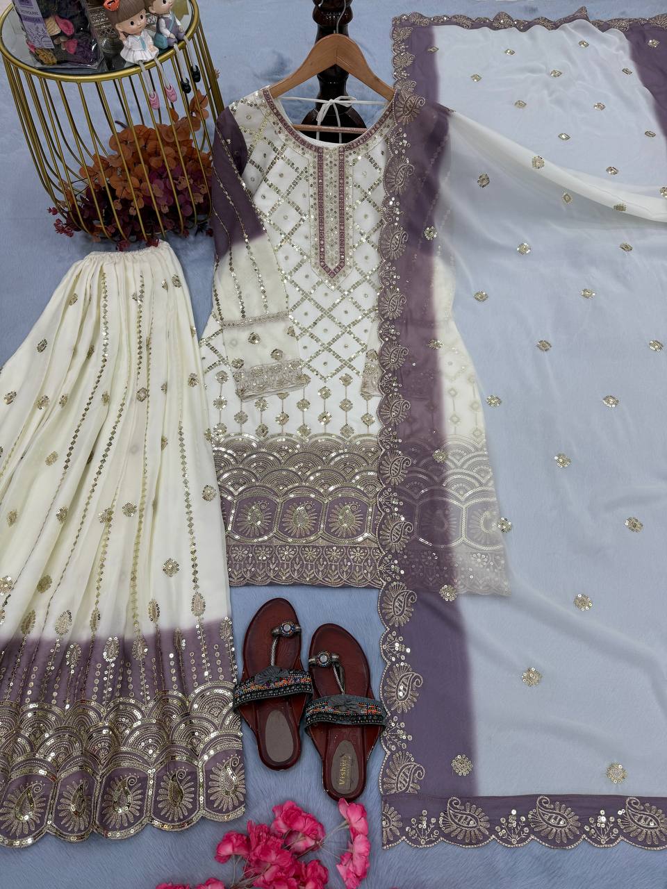 Vihan Dual Tone Georgette Embroidered Kurti Plazzo Set with Cutwork Dupatta