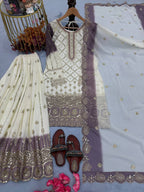 Vihan Dual Tone Georgette Embroidered Kurti Plazzo Set with Cutwork Dupatta