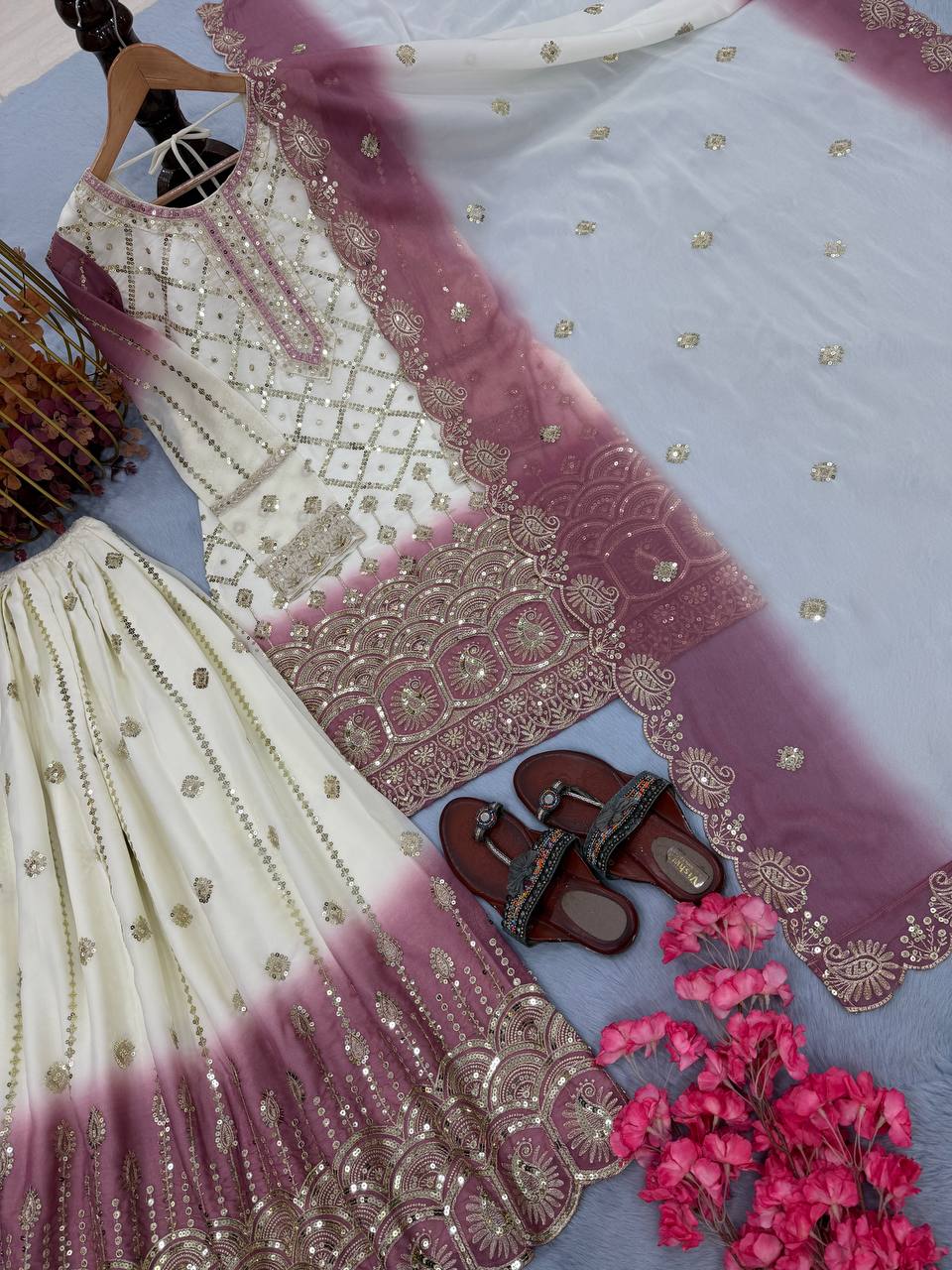 Vihan Dual Tone Georgette Embroidered Kurti Plazzo Set with Cutwork Dupatta