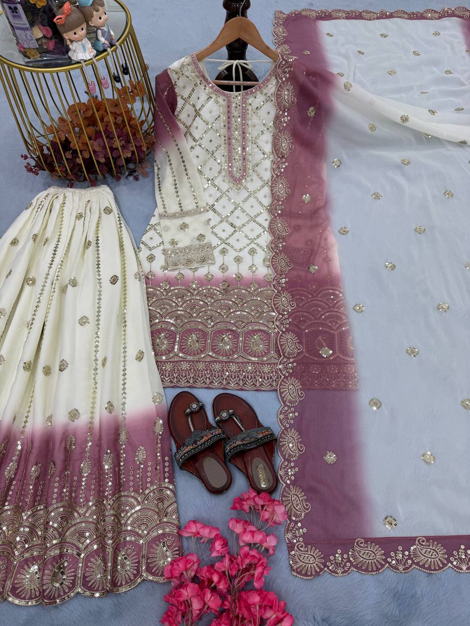 Vihan Dual Tone Georgette Embroidered Kurti Plazzo Set with Cutwork Dupatta