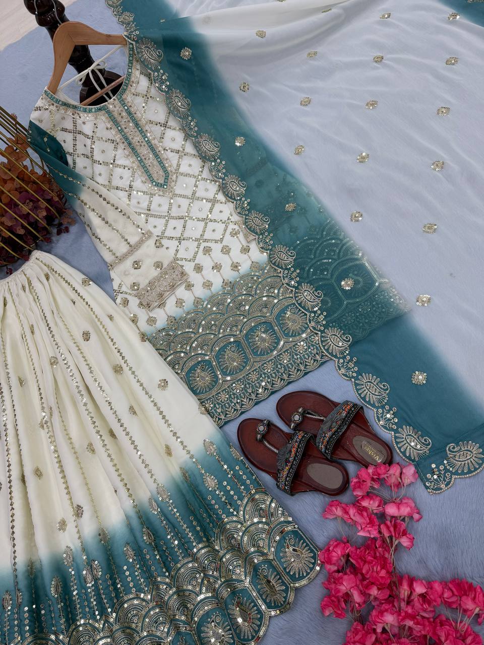 Vihan Dual Tone Georgette Embroidered Kurti Plazzo Set with Cutwork Dupatta