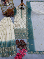 Vihan Dual Tone Georgette Embroidered Kurti Plazzo Set with Cutwork Dupatta
