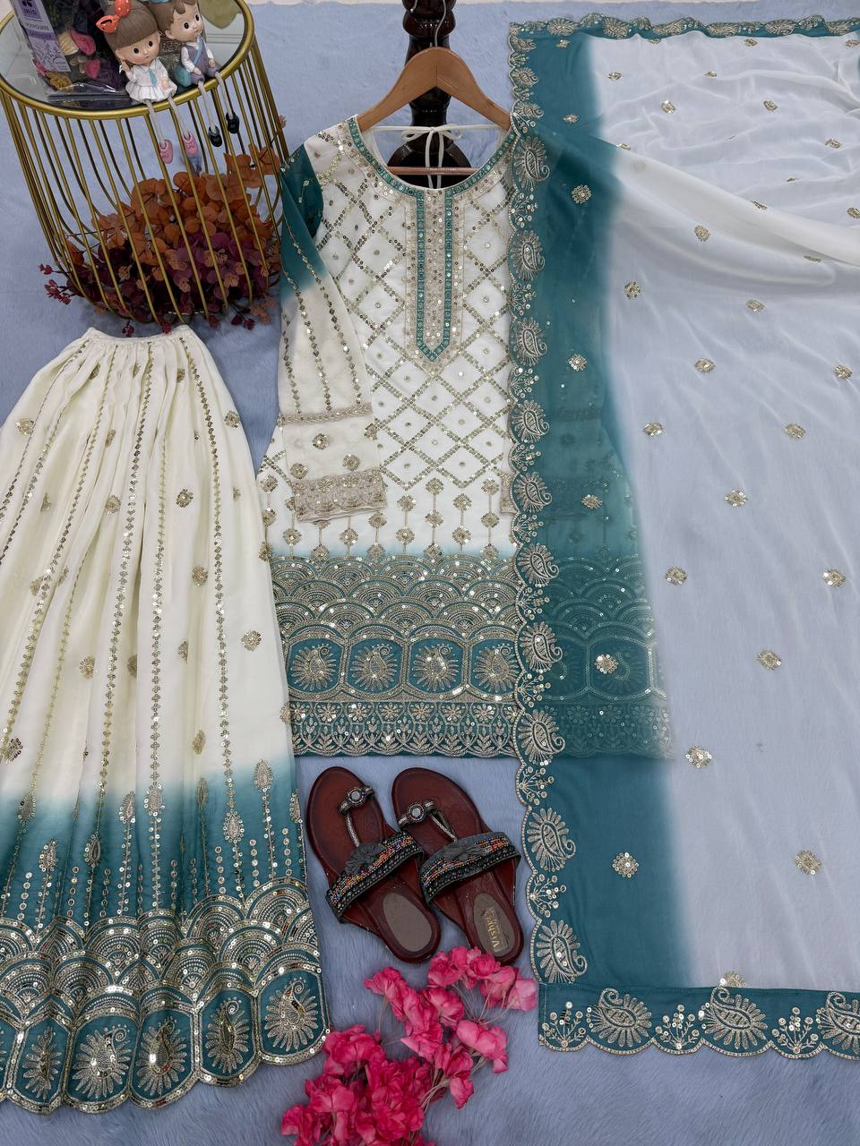 Vihan Dual Tone Georgette Embroidered Kurti Plazzo Set with Cutwork Dupatta
