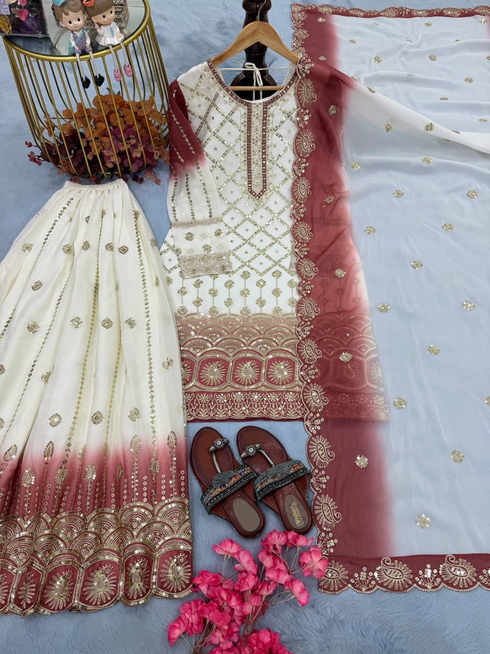 Vihan Dual Tone Georgette Embroidered Kurti Plazzo Set with Cutwork Dupatta
