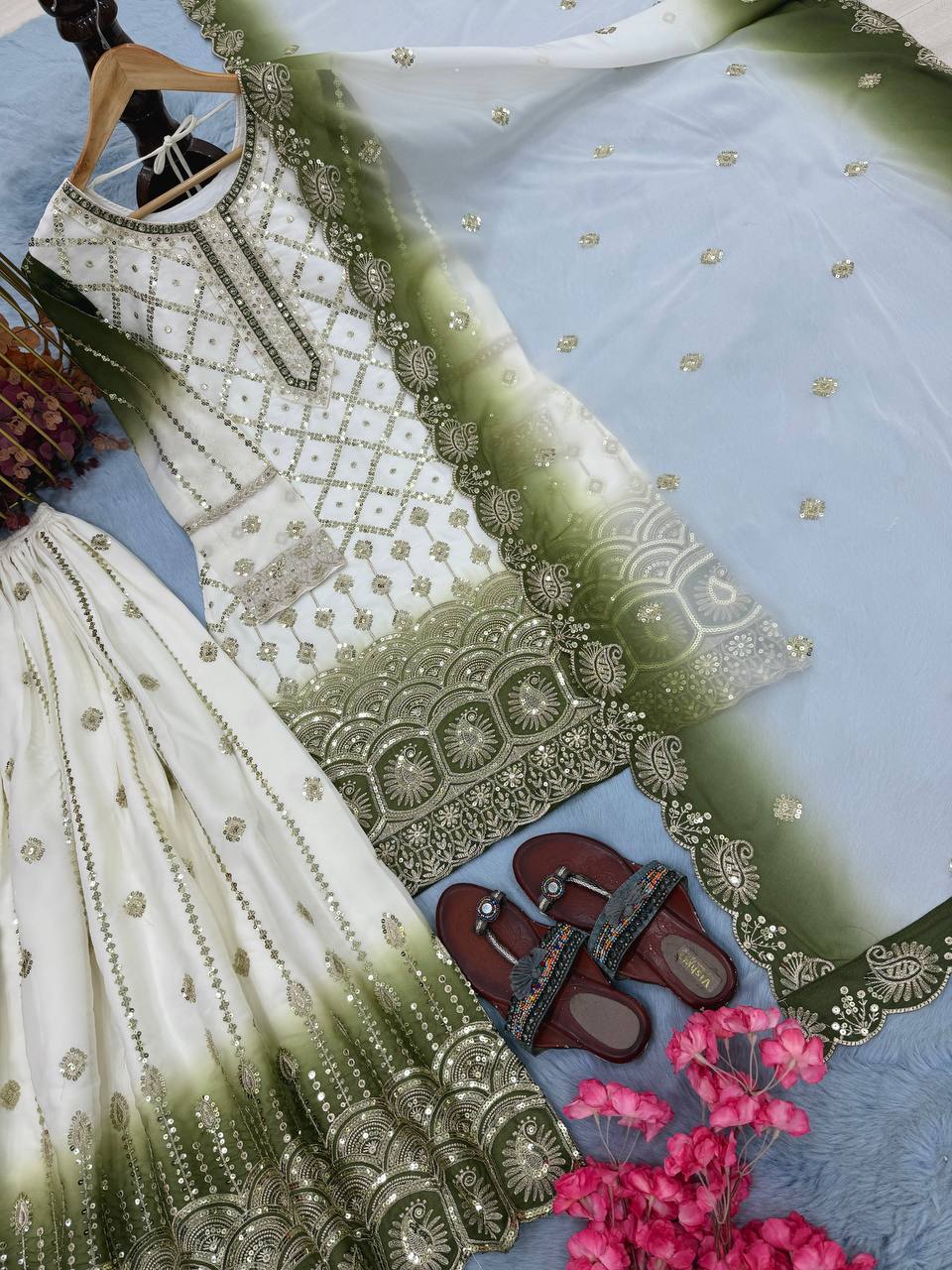 Vihan Dual Tone Georgette Embroidered Kurti Plazzo Set with Cutwork Dupatta