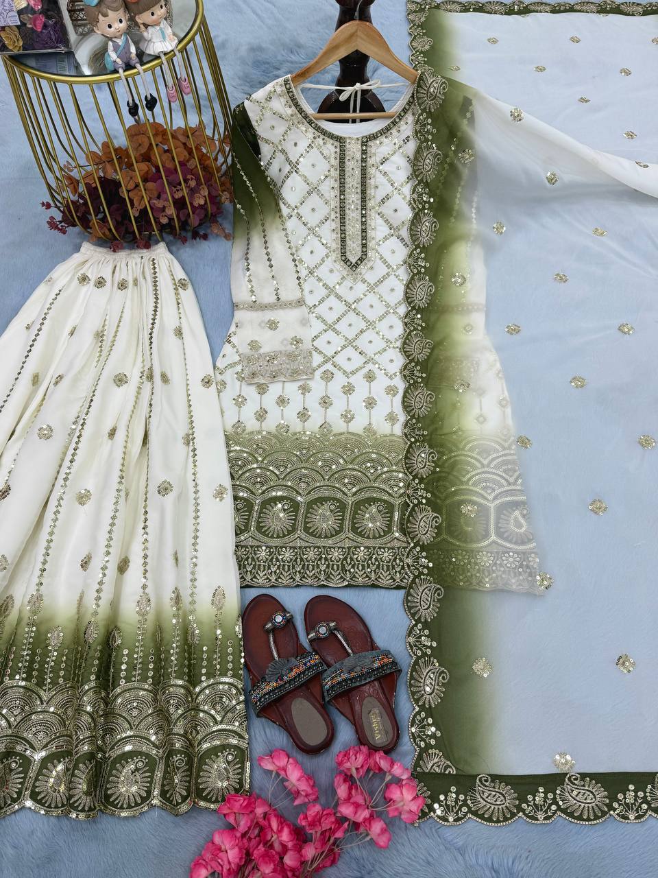 Vihan Dual Tone Georgette Embroidered Kurti Plazzo Set with Cutwork Dupatta