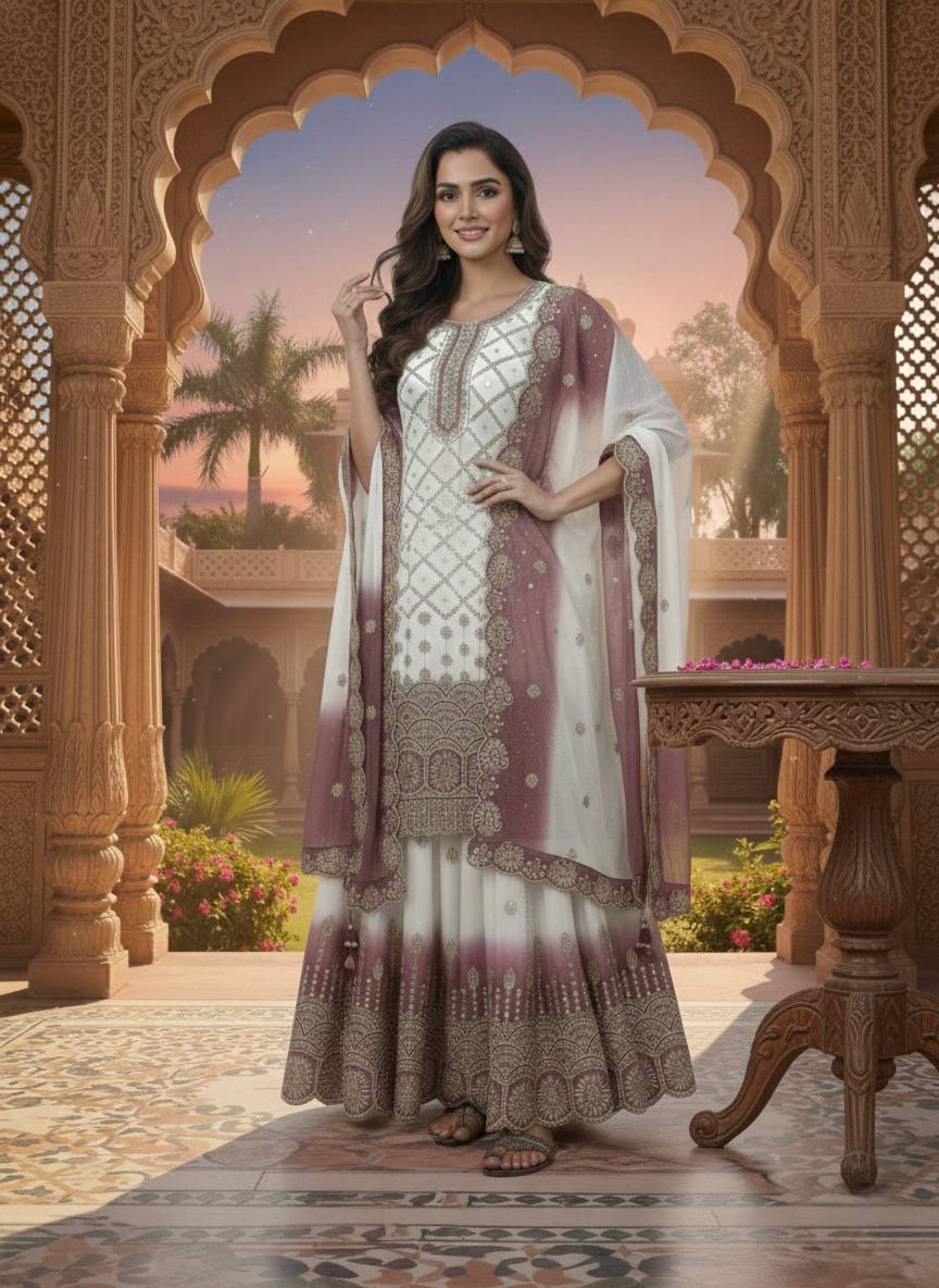 Vihan Dual Tone Georgette Embroidered Kurti Plazzo Set with Cutwork Dupatta