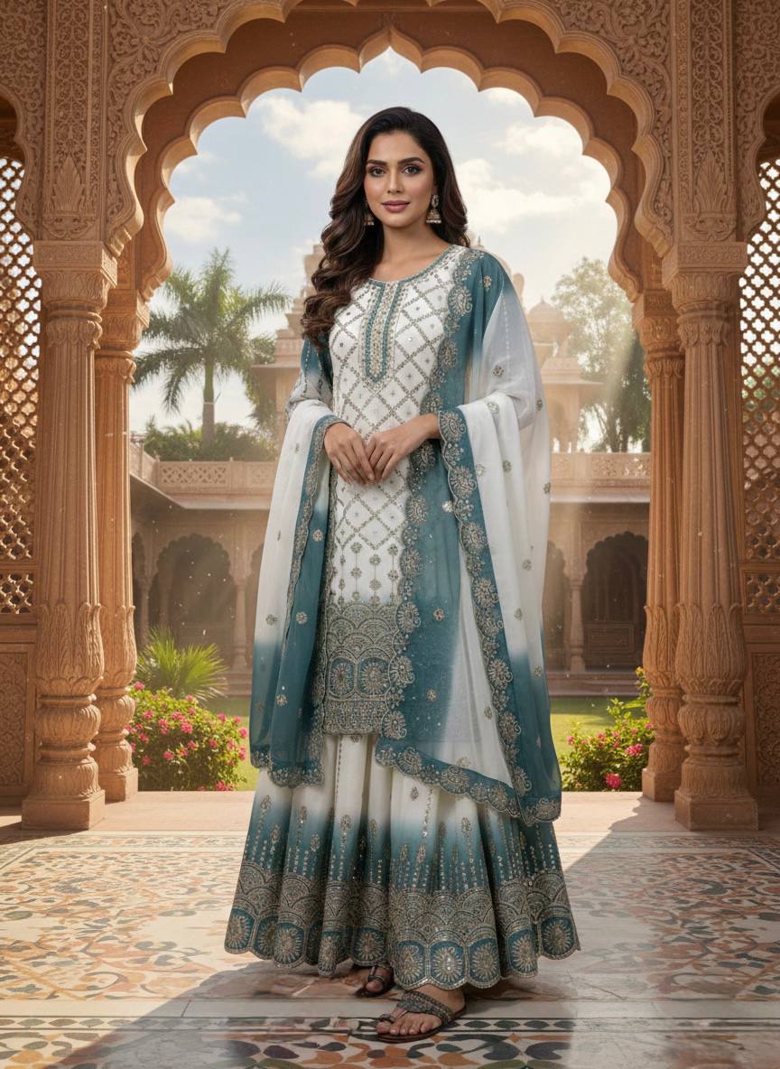 Vihan Dual Tone Georgette Embroidered Kurti Plazzo Set with Cutwork Dupatta