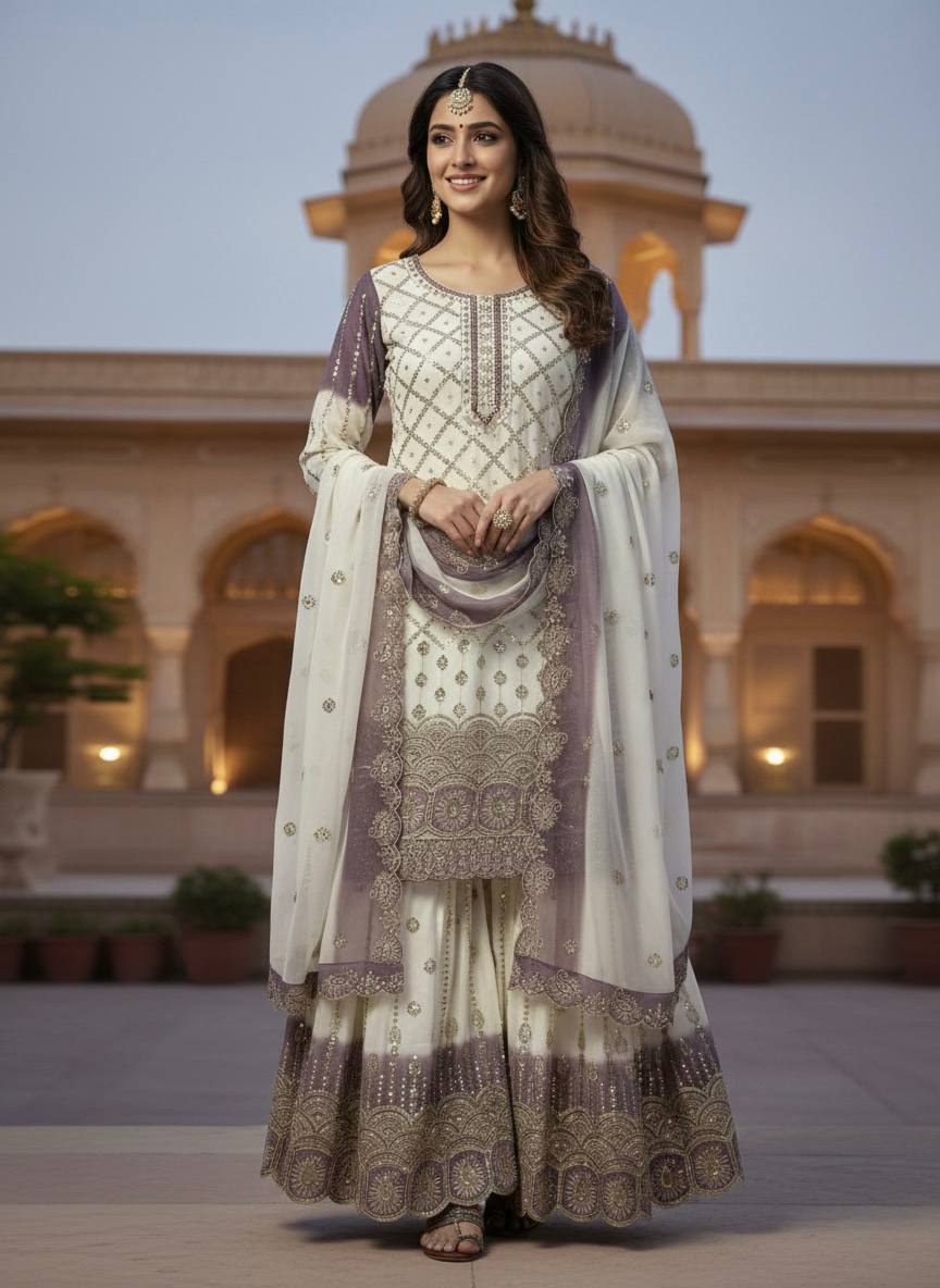 Vihan Dual Tone Georgette Embroidered Kurti Plazzo Set with Cutwork Dupatta