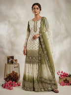 Vihan Dual Tone Georgette Embroidered Kurti Plazzo Set with Cutwork Dupatta