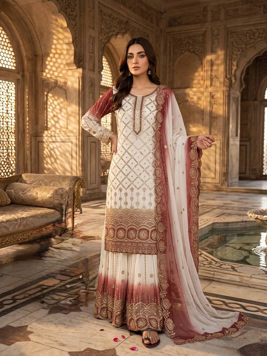 Vihan Dual Tone Georgette Embroidered Kurti Plazzo Set with Cutwork Dupatta