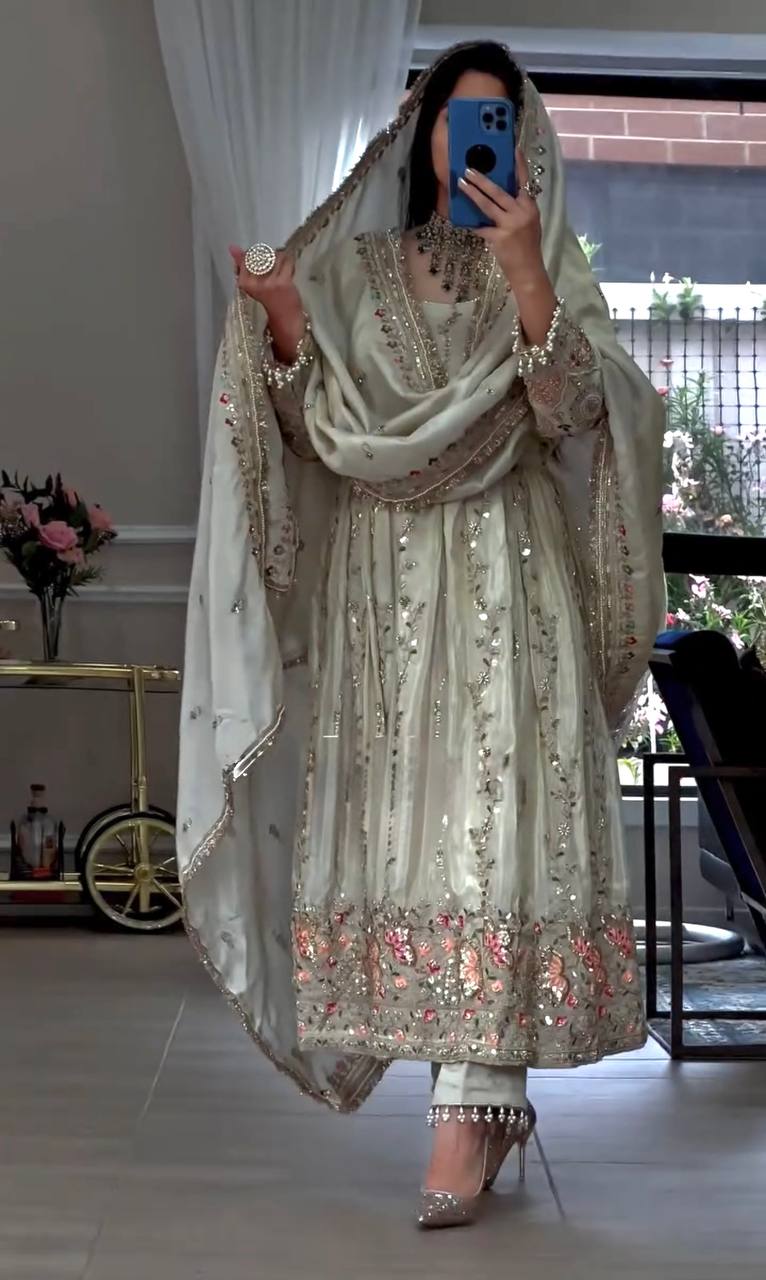 Aarunya Sheesha Silk Embroidered Gown Set with Swarovski Work & Dupatta