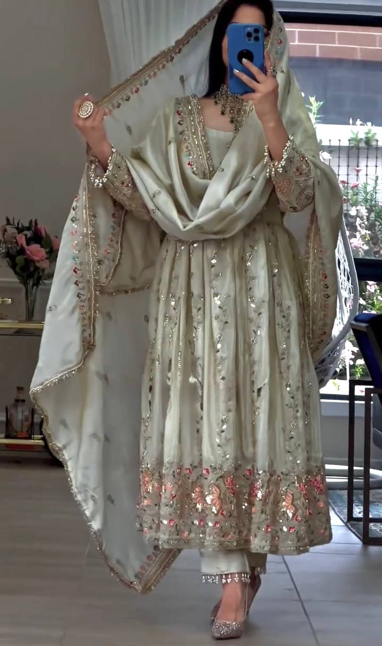 Aarunya Sheesha Silk Embroidered Gown Set with Swarovski Work & Dupatta