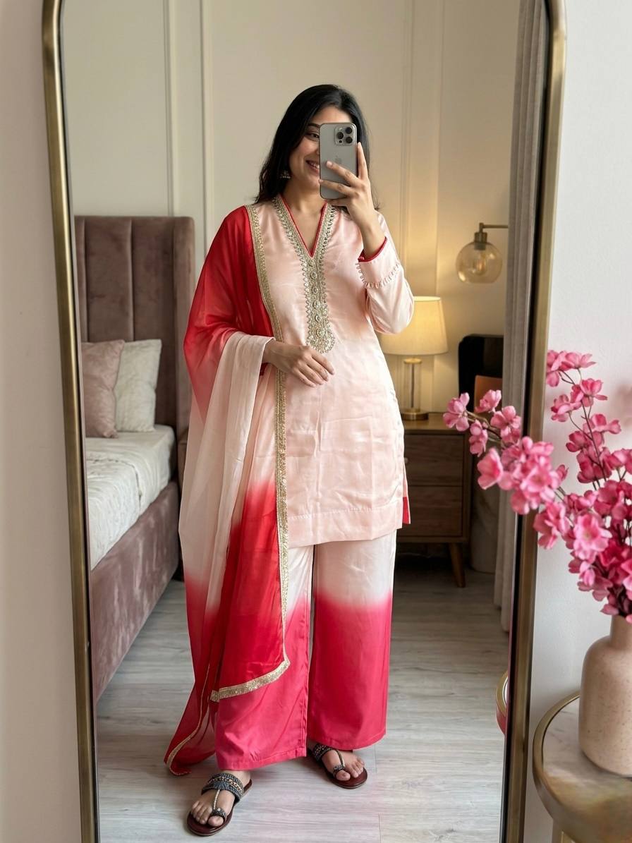 Designer Dual Tone Roman Glass Embroidered Kurta Palazzo set