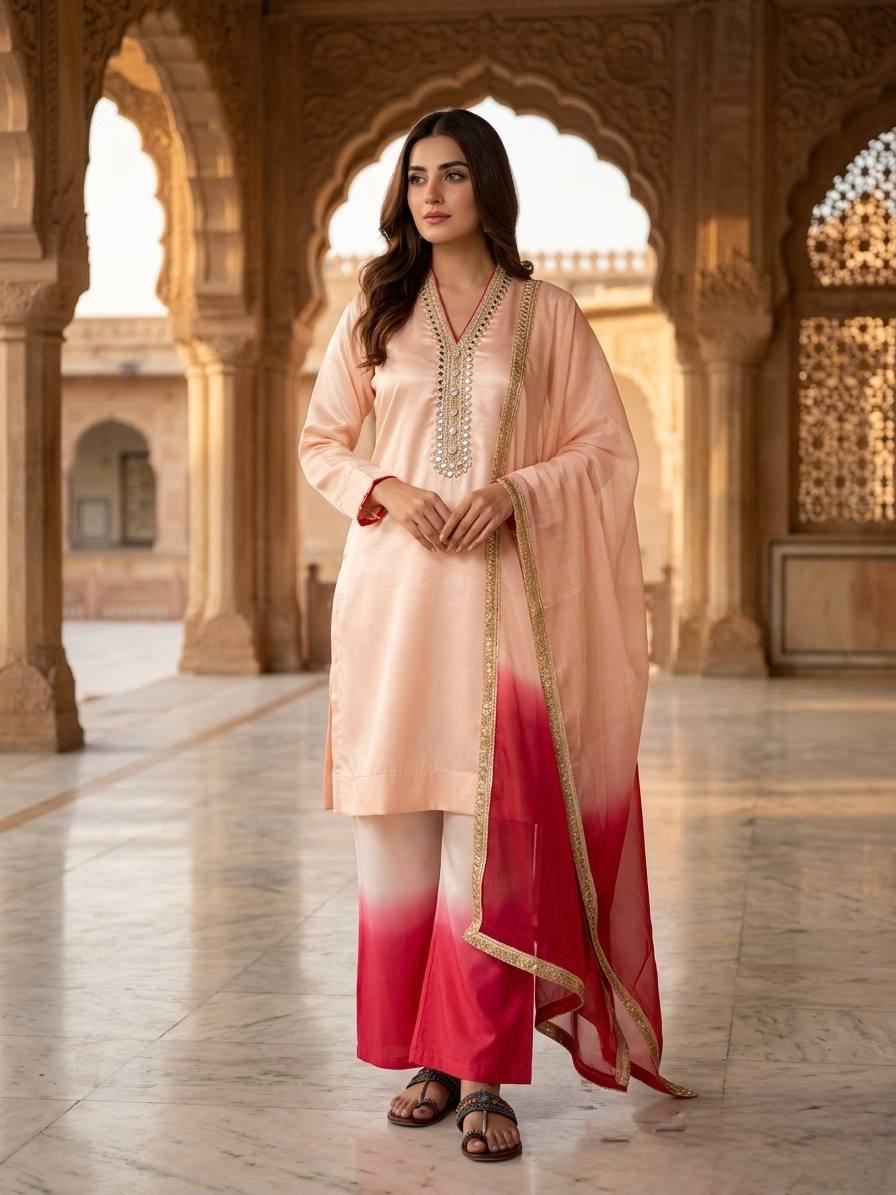 Designer Dual Tone Roman Glass Embroidered Kurta Palazzo set