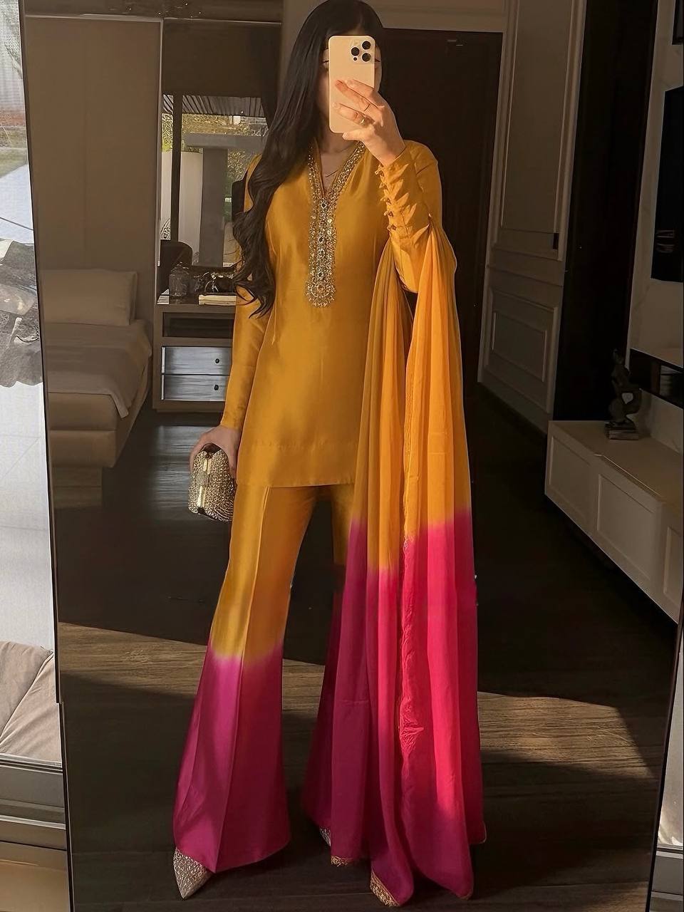 Designer Dual Tone Roman Glass Embroidered Kurta Palazzo set