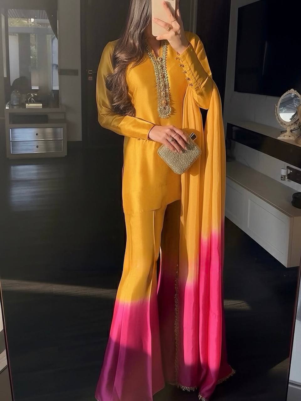 Designer Dual Tone Roman Glass Embroidered Kurta Palazzo set